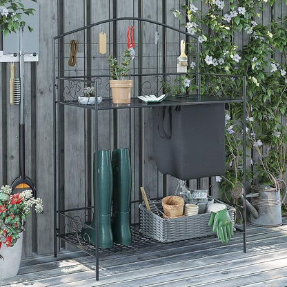 Outsunny Folding Potting Bench Table, Metal Garden Workstation, Work Bench with Large Build-in Bag with Cover, 5 Hanging Hooks & Storage Shelf, Flourishes