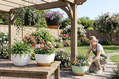 Hanging Planters, 3-Pack 10 Inch Self-Watering Pots with Drainage Holes and Chains, Matte Plastic Planters for Indoor/Outdoor Plant（White Brown）
