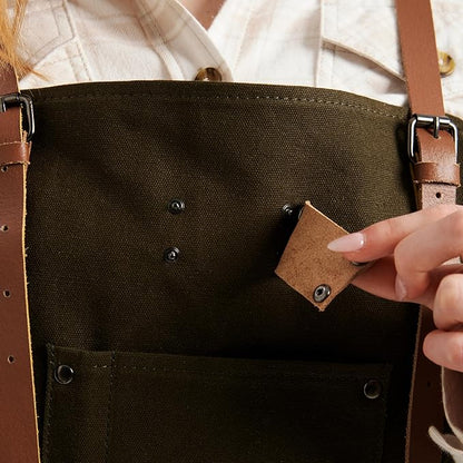 Theodore Waxed Canvas Work Apron - Cross Back with Leather Straps, 14oz Heavy Duty Canvas, Multi-Pocket Utility