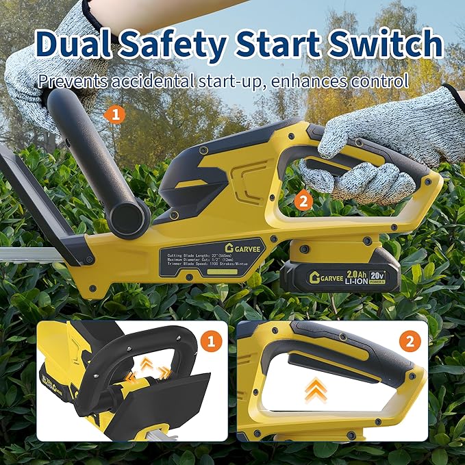 Hedge Trimmer Cordless with Battery, Electric Hedge Trimmer, 22 Inch Handheld Bush Trimmers, with 2 20V 2.0Ah Batteries and Charger, Brushless Motor, Dual Safety Switch, for Gardening, Lawns