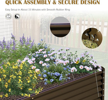 Domi 8x4x1.5ft Metal Raised Garden Beds Outdoor, Thickened Galvanized Steel Deep Root Planter Box with Stabilizing Bars & Rubber Edging for Vegetables, Flowers, Herbs - Brown