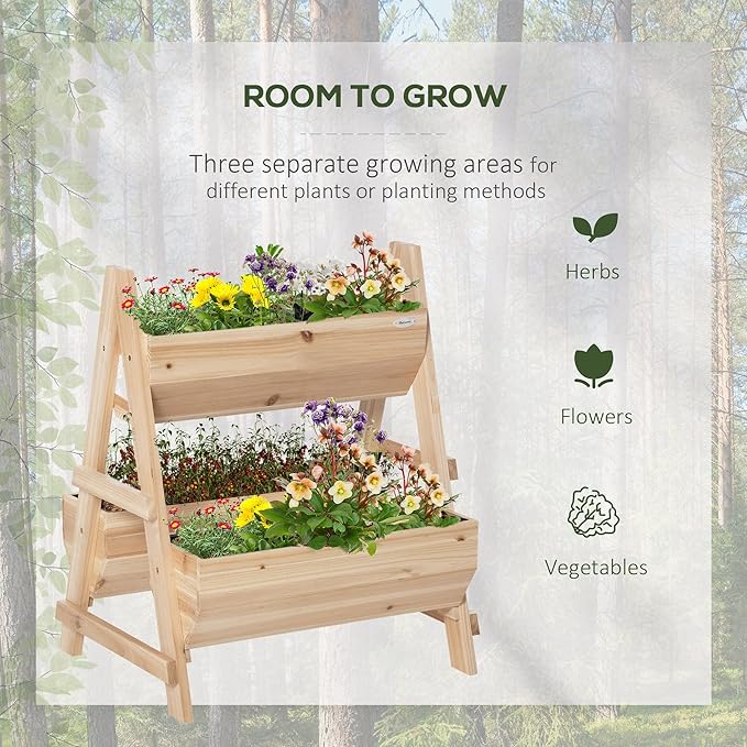 Outsunny 3 Tier Verctial Raised Garden Bed, Wooden Elevated Planter Box with Fabric Liner and Drainage Holes, for Vegetables, Herbs, Flowers, Natural