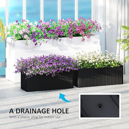 Outsunny Railing Planter Box (2 Pack, 20 Inch), Hanging Flower Pots with Hooks, Drainage Holes for Fence, Balcony, Garden, Patio, Rattan Look, Black