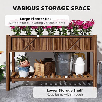 Outsunny Raised Garden Bed, Elevated Wood Planter Box with Storage Shelf, Drainage Holes, and Liner for Backyard, Patio, Balcony, 47 x 22 x 31.5 in, Carbonized
