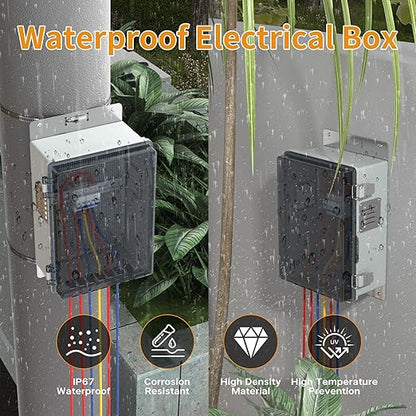 Joinfworld Outdoor Electrical Box, Waterproof Electrical Box WiFi Enclosure 11.8x6.7x5.6 Vented Electric Box Plastic Clear with Mounting Panel Cable Grommet Stainless Steel Dust Screen