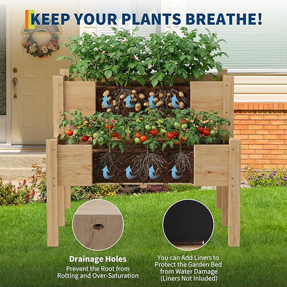 GarveeLife 34x34x29inches Two-Tier Wooden Raised Garden Bed with Legs, Large Elevated Outdoor Planter Box with 8 Drainage Holes, 352 Lbs Capacity for Vegetables, Herbs, Flowers, Backyard, Patio