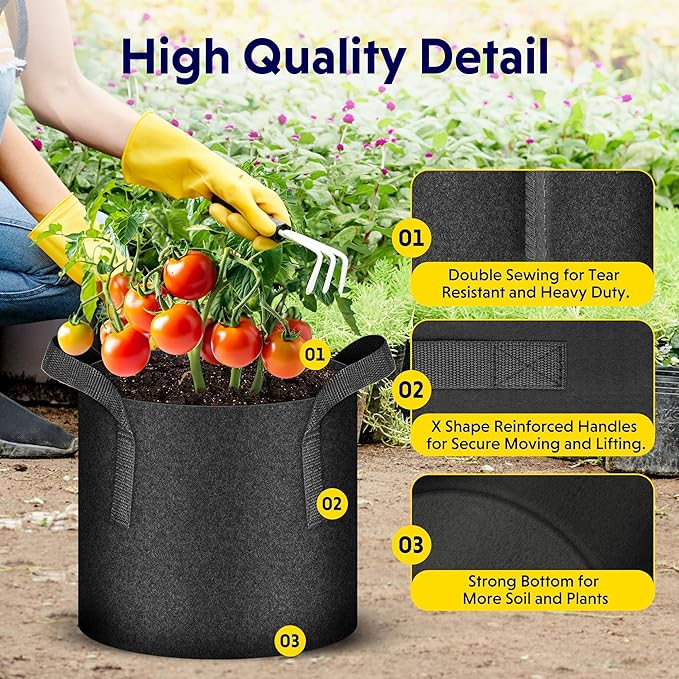 iPower 5 Pack 2 Gallon Grow Bags Heavy Duty 300G Thickened Nonwoven Fabric Plant Pots with 5 Labels & Handles for Outdoor Garden, Aeration Planter Bags for Fruits, Vegetables, Tomato & Flowers, Black