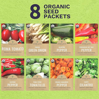 Organic Salsa Garden Seeds Variety Pack - 8 Individual Packs - 2026 Season - Cayenne Pepper, Roma Tomato, Cilantro and More! for Indoor & Outdoor Planting (Non-GMO, Certified Organic)