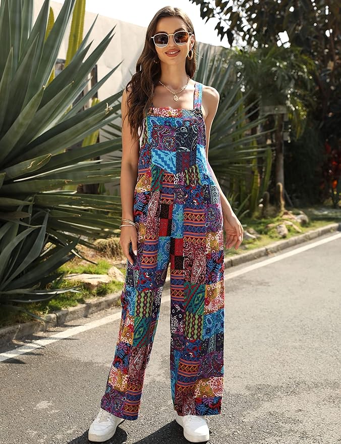 Fiona Jolin Overalls Women Summer Boho Floral Loose Wide Leg Jumpsuits with Pockets Patchwork Bib Overalls