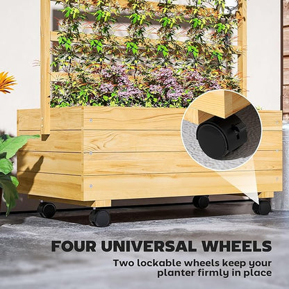 Outsunny Raised Garden Bed with Trellis and Wheels, Outdoor Wooden Elevated Planter Box, Freestanding Raised Flower Bed for Climbing Plants, Flowers, Herbs and Vegetables, Natural