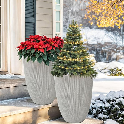 19" Tall Planter for Indoor Outdoor Plants, Set of 2 Large Flower Pot with Drainage Hole, Weather/UV-Resistant Resin Planters for Garden Patio Porch Home office Decor, Mediterranean Beige Fluted