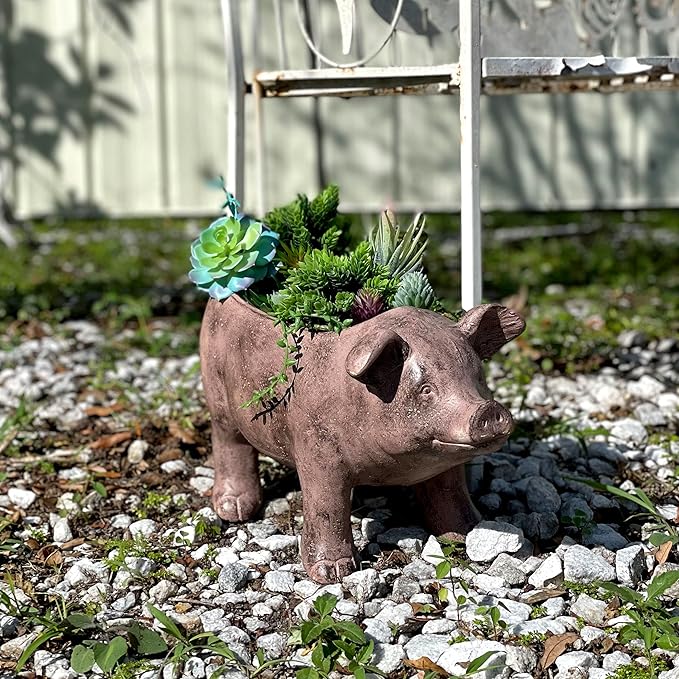 Zeckos Rustic Brown Smiling Pig Resin Decorative Planter - 17 Inches Long - Great for Flowers and Succulents - Perfect for Both Indoor and Outdoor Decor Settings