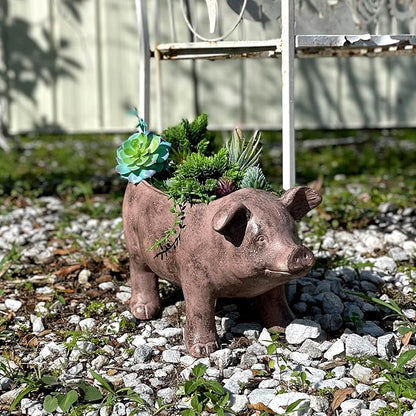 Zeckos Rustic Brown Smiling Pig Resin Decorative Planter - 17 Inches Long - Great for Flowers and Succulents - Perfect for Both Indoor and Outdoor Decor Settings