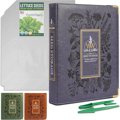 Willow and Wildflower Garden Seed Organizer Binder, Seed Storage Organizer, Garden Binder Book for Packet Storage Catalog Can Store 120 Packets with Dibber and Widger (Slate Blue)