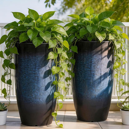 23.8" Large Tall Planters Set of 2 Plant Pot Plastic Flower Pots Outdoor Gradient Cobalt Blue Finish Front Porch Decor Pot Weather-Resistant & Lightweight for Garden, Patio, Deck, Indoor