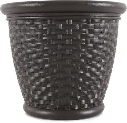 Suncast 4 Pack Sonora 18 Inch Lightweight Durable Plastic Wicker Decorative Flower Planter Pot for Yard, Garden, Indoor or Outdoor Use, Brown