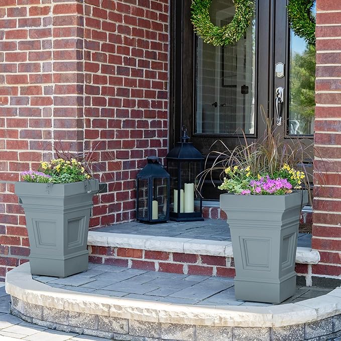 Step2 Atherton Square Planter, Large Planters for Outdoor Plants, Gardening and Flower Pot for Patio or Porch, Efficient Drainage, Durable Plastic, Sage Gray, 2-Pack