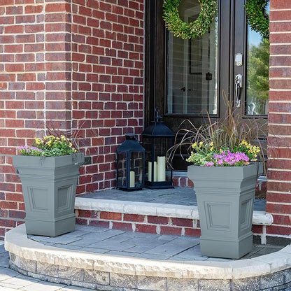 Step2 Atherton Square Planter, Large Planters for Outdoor Plants, Gardening and Flower Pot for Patio or Porch, Efficient Drainage, Durable Plastic, Sage Gray, 2-Pack