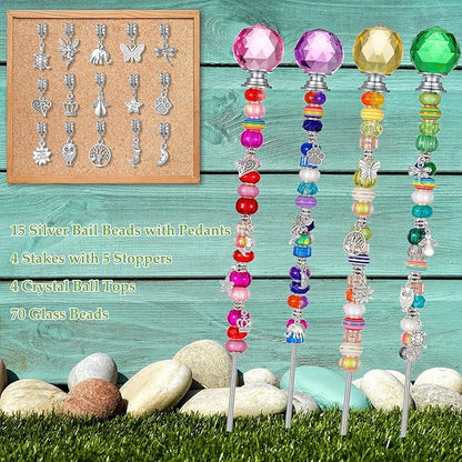 MTLEE 101 Pieces Garden Stakes Decorative Beaded Garden Stakes with Crystal Stopper Top Round Glass Bead Antique Silver Bail with Pendant Silver Bead for Outdoor Decoration (Vintage Style)