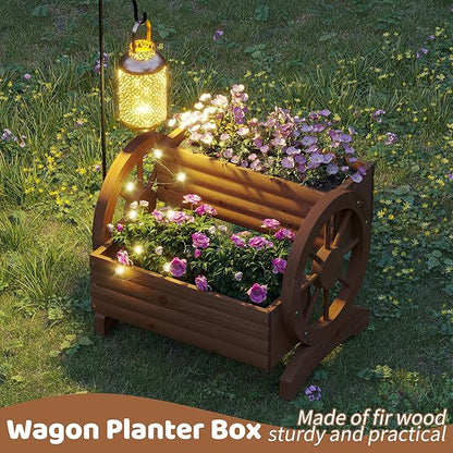 FILWH Wooden Wagon Planter Box for Indoor Outdoor Garden Planter Wood Planter Boxes Flower Planters Outdoor with Wheels Planter for Flowers Herbs Vegetables(Brown)