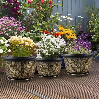 8 Inch Plant Pots, 4 Pack Flower Pot Outdoor with Drainage Holes & Trays, Retro Antique Imitation Decorative Garden Plastic Planters Pots for Plants Indoor Sets for Houseplants