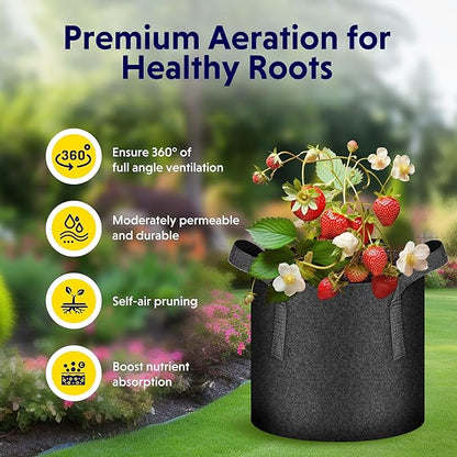 iPower 5 Pack 2 Gallon Grow Bags Heavy Duty 300G Thickened Nonwoven Fabric Plant Pots with 5 Labels & Handles for Outdoor Garden, Aeration Planter Bags for Fruits, Vegetables, Tomato & Flowers, Black
