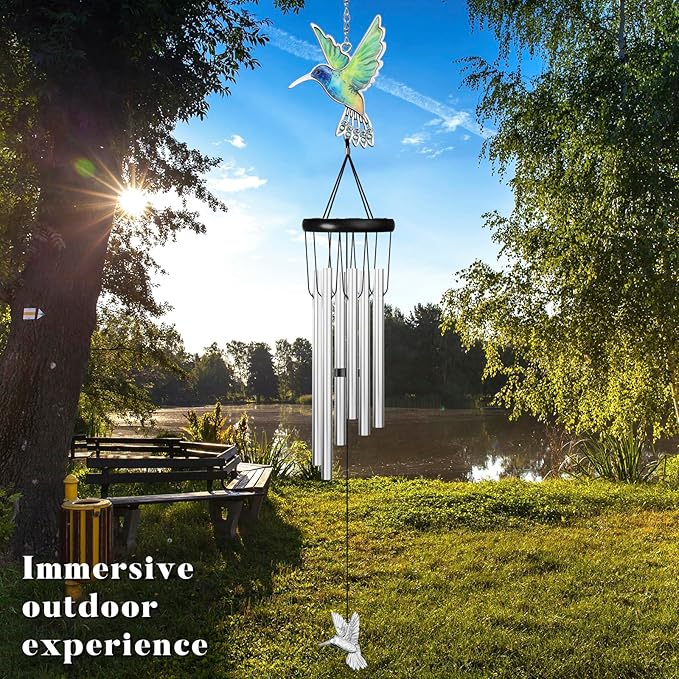 Outdoors Hummingbird Wind Chimes Sympathy Memorial for Loss of Loved One - Soothing Melodic Tones Aluminum Chime Great as a Gift for Your Patio Porch Garden and Backyard (Silvery, Hummingbird)