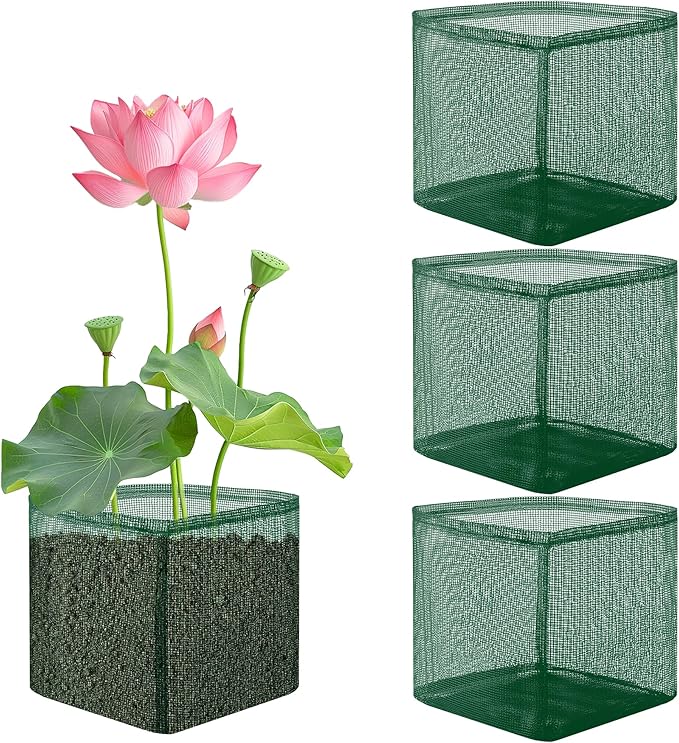EBaokuup 4 Pcs Aquatic Pond Planting Bags, 7" Reusable Mesh Water Garden Pond Plant Pot, Breathable Green Square Lily Plant Pots for Pond Bog Plant Garden Terrestrial Plant