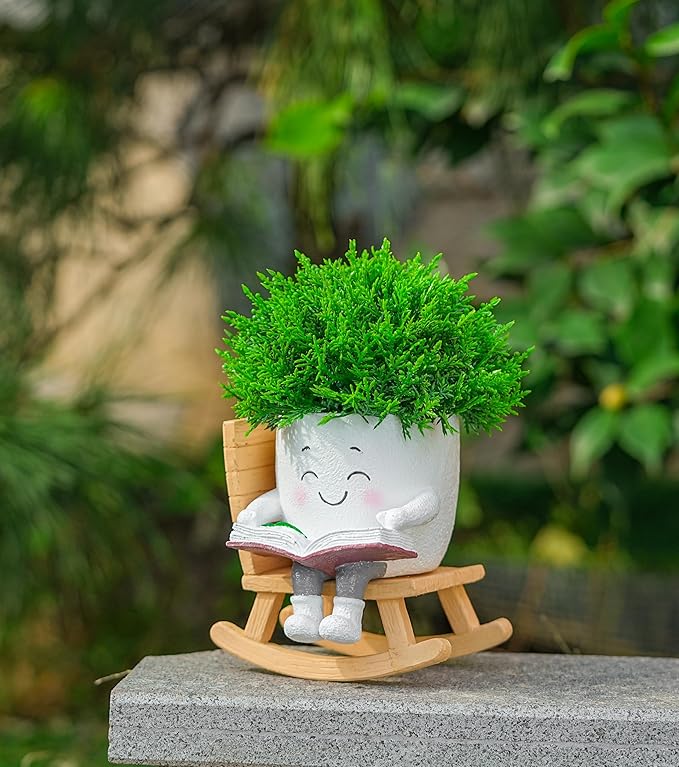 Rocking Chair Smiley Face Planter with Drainage Hole, Cute Plant Pots for Indoor Outdoor Plants,Unique Flower Pot for Succulents, Gift for Mother's Day, Birthday, Christmas(White)