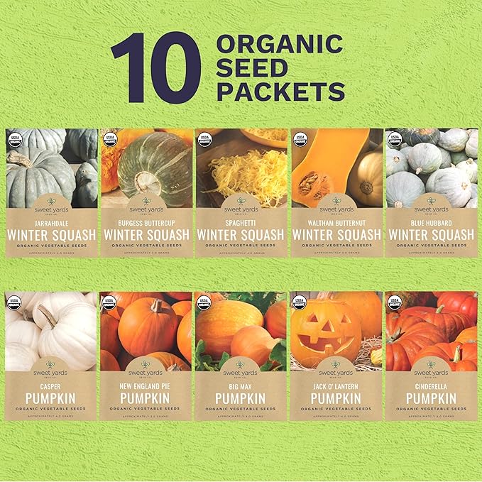 Organic Pumpkin & Winter Squash Seeds Variety Pack - 10 Individual Packs - 2026 Season - Big Max Pumpkin, Spaghetti Squash, Casper Pumpkin and More! for Indoor & Outdoor Planting