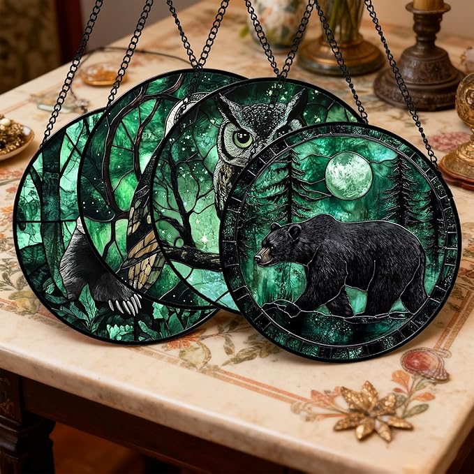 Stained Glass Window Hanging 4 Pcs Set Green Forest Night Sky Wildlife 6.3" - Suncatcher Door Garden Sun Catcher Decor Birthday for Mom Woman Nana Men Friend