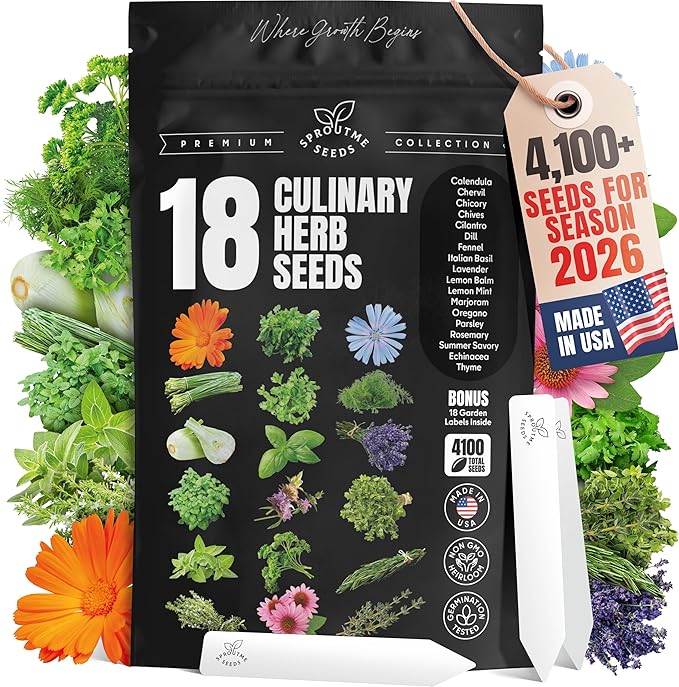 Culinary Herb Seeds Variety Pack – Basil, Cilantro, Parsley, Oregano, Rosemary & Thyme – 18 Varieties, 4100+ Non-GMO Heirloom Seeds, Indoor & Outdoor Growing