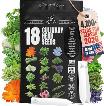 Culinary Herb Seeds Variety Pack – Basil, Cilantro, Parsley, Oregano, Rosemary & Thyme – 18 Varieties, 4100+ Non-GMO Heirloom Seeds, Indoor & Outdoor Growing