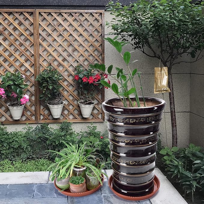 14 Inches Red Brown Plant Saucers for Outdoors Pots, 5 Gallon Grow Bag Saucer 12.5 inches in Base, 6 Packs Sturdy Round Plastic Plant Trays for Indoors.