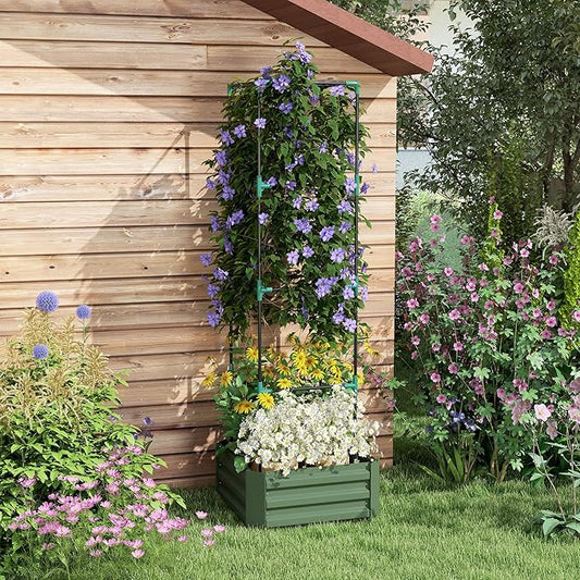 Outsunny Galvanized Raised Garden Bed, 73.5" Tall Outdoor Planter Box with Trellis Tomato Cage and Open Bottom for Climbing Vines, Vegetables, Flowers in Backyard, Garden, Patio, Green