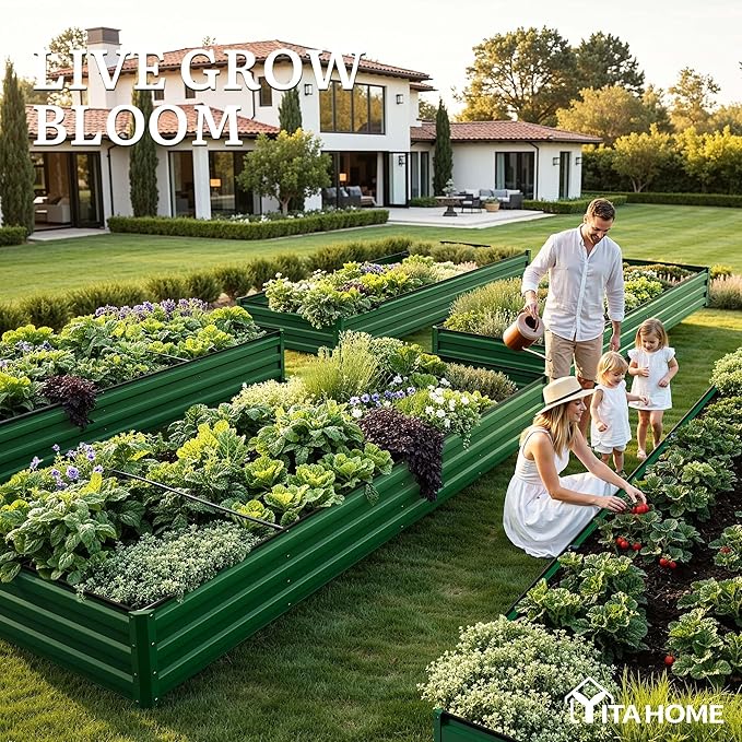 YITAHOME 4pcs 12x4x1 ft Galvanized Raised Garden Bed Kit, Large Metal Planter Box with Gloves, Safety Rubber & Support Rod, Outdoor Flower Bed for Plants Vegetables, Green