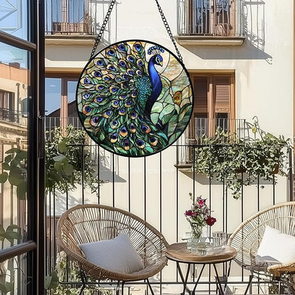 Stained Glass Window Hanging, Turquoise Peacock Sun Catcher for Door Home Decor Blue Green Suncatcher Christmas Mother's Day Birthday Gifts for Women Men Mom and Nana 6.3 in