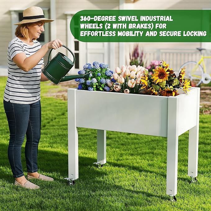 EasyUp Horticulture Raised Garden Bed with Legs, Divisible Raised Resin Planter Box for Backyard, Patio, Balcony, with 4 Legs, 4 Swivel Lockable Wheels(Ashen,30.04 * 17.72 * 28.9)
