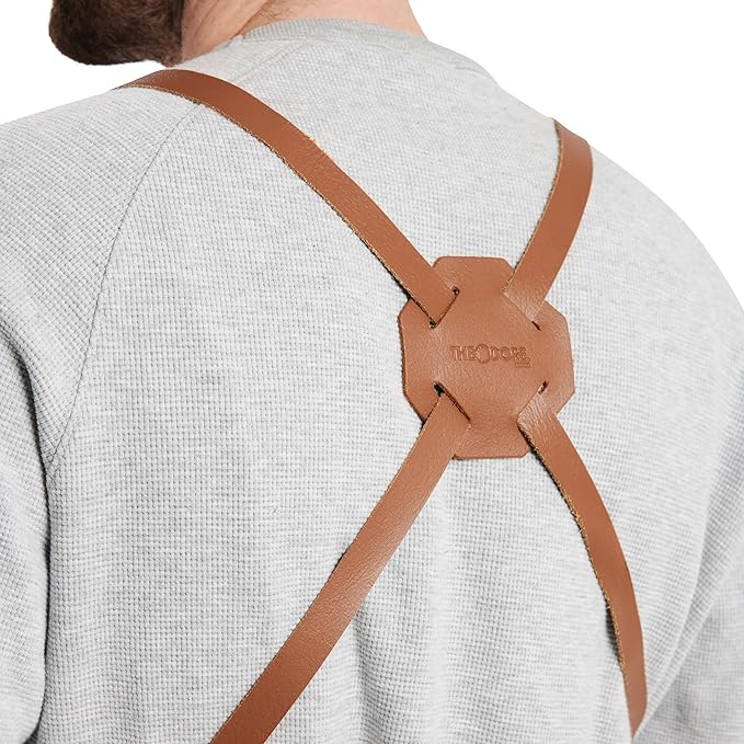 Theodore Waxed Canvas Work Apron - Cross Back with Leather Straps, 14oz Heavy Duty Canvas, Multi-Pocket Utility