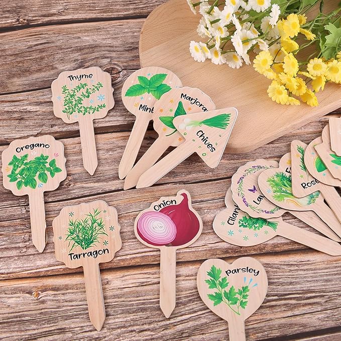 15pcs Plant Label Signs, 15 Style Waterproof Wood Herb Names Tags with Vivid Matching Patterns for Outdoor Garden Potted Plant Planting Enthusiasts Gifts