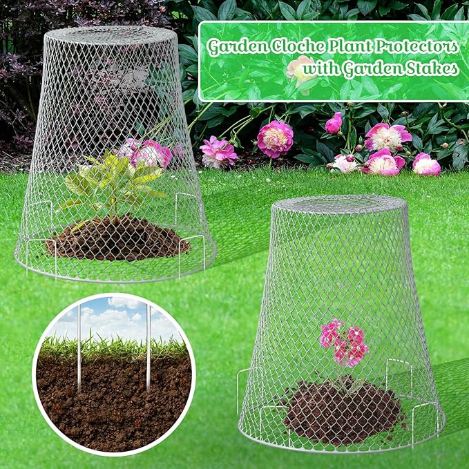 Therwen 15 Pcs Large Chicken Wire Cloche Plant Protector Cover 11x12 Inch Metal Garden Cloche Dome for Plants Wire Protection Basket with Garden Stakes Plant Cages from Animals (Silver)