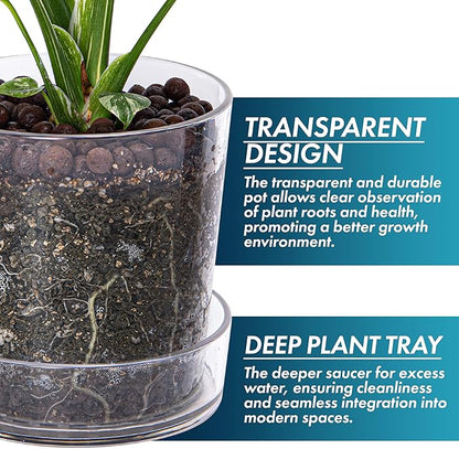 Phoenix Vine 4.5 Inch 6.5 Inch Clear Acrylic Houseplants Planter Pot with Tray, Orchid Pot with Drainage Holes, Deep Saucer for Bottom Watering, Transparent Containers for Indoor Plants, Herbs, 91-B-W