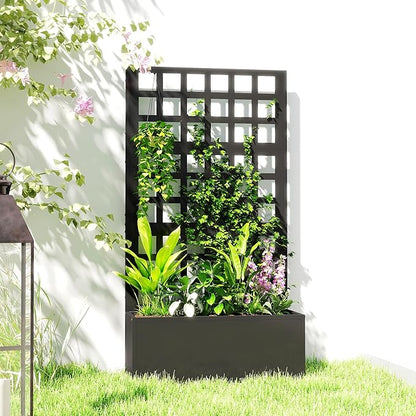 Outsunny Galvanized Raised Garden Bed with Trellis, Metal Planter Box with Drainage Holes, Outdoor Privacy Screen for Climbing Plants, Vegetable, Vines, 24" x 9" x 44.5", Black