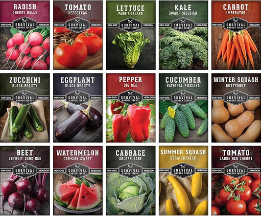 Vegetable Garden Seed Vault for Planting – 15 Pack Collection | Heirloom Non-GMO Family Garden Kit & Gift – Tomato, Lettuce, Cucumber & Squash – Indoor or Outdoor Growing – Survival Garden Seeds