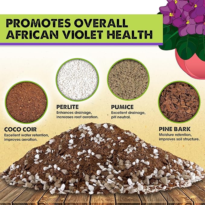 DUSPRO Recycle Premium 4-in-1 African Violet Potting Soil African Violet Soil Blend with Perlite, Coco Peat, Pumice, Pine Bark for Optimal Moisture Retention & Drainage 1QT