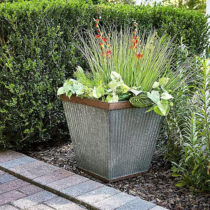 Southern Patio HDR 046851 16 inches Square Rustic Plastic, Indoor, Outdoor Garden Planter, Urn Pot for Flowers, Herbs, Galvanized