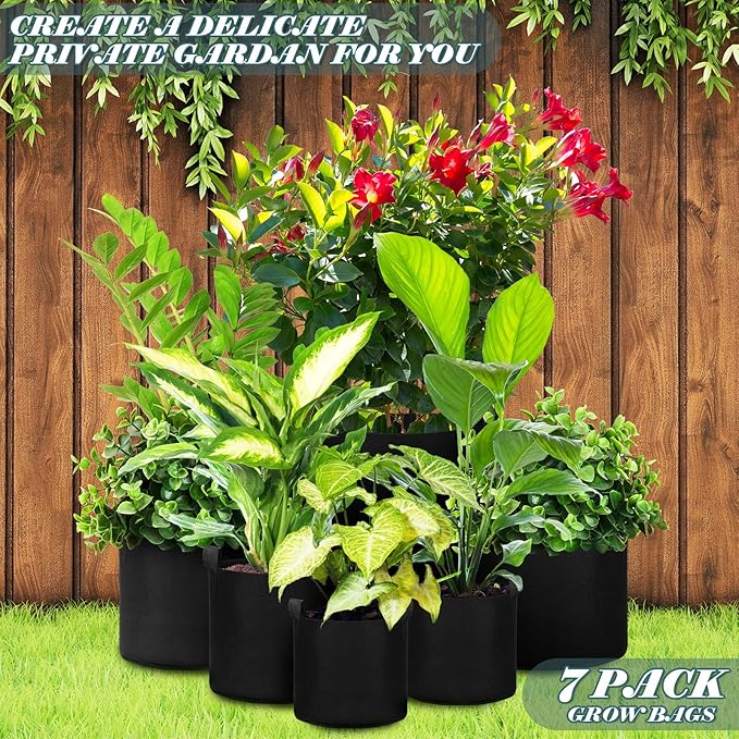 Hoolerry 7 Pack Black Plant Grow Bags Thickened Non Woven Grow Bags in 4 Sizes 10, 7, 5 and 3 Gallons Aeration Fabric Pots with Handles