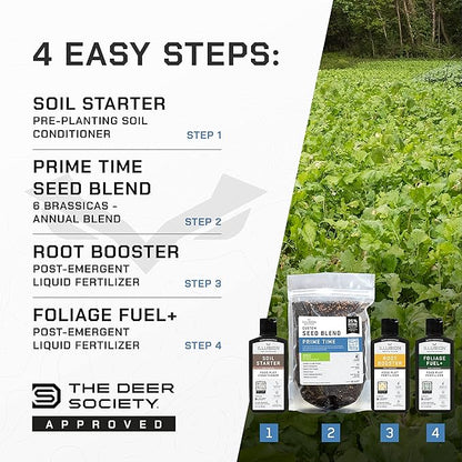 All-in-One Food Plot Seed + Fertilizer for Deer - 1/4 Acre Coverage - Annual Blend - Protein and Micronutrients for Wildlife - 6 Brassica Varieties - Illusion Systems (Prime Time)