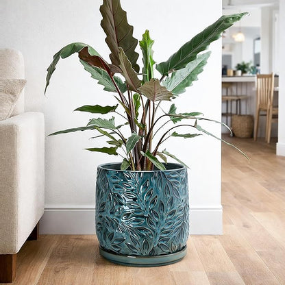 D'vine Dev 8 Inch Embossed Leaves Stoneware Planter Pot with Drainage Hole and Saucer, Ocean Teal, 27-A-Q-8