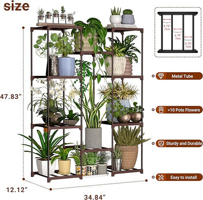 Plant Stand Indoor Outdoor Plant Shelf Stand, 4 Tiers 10 Pots Large Potted Metal Flower Plant Rack for Multiple Plants, Hanging Tall Planter Holder for Patio Balcony Living Room Corner Porch Garden Boho Decor Brown